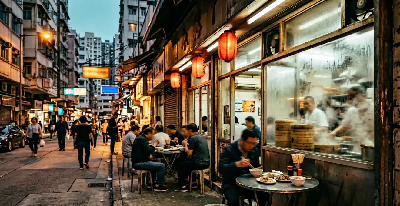 A vibrant Hong Kong street food scene with steaming bamboo baskets and authentic local eatery atmosphere