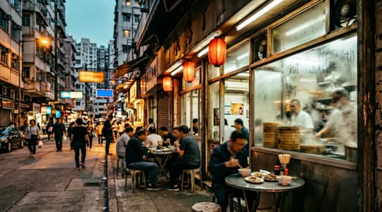 A vibrant Hong Kong street food scene with steaming bamboo baskets and authentic local eatery atmosphere