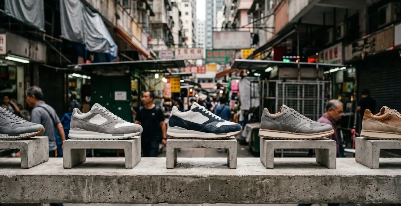 Close-up view of premium sneakers displayed in authentic Hong Kong street market setting with urban atmosphere