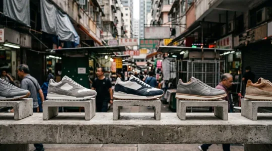 Close-up view of premium sneakers displayed in authentic Hong Kong street market setting with urban atmosphere