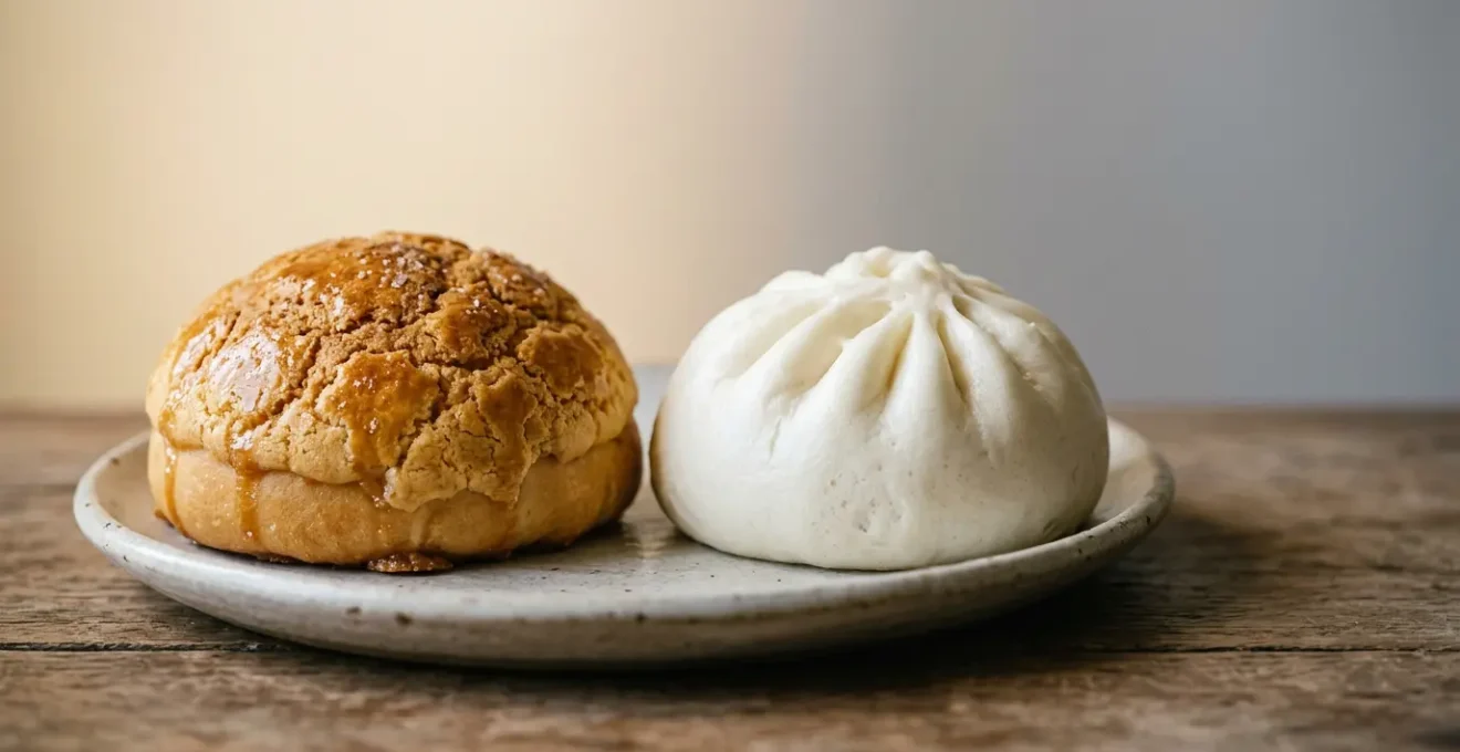 Close-up comparison of Hong Kong style char siu bao showing textural contrast between baked and steamed varieties