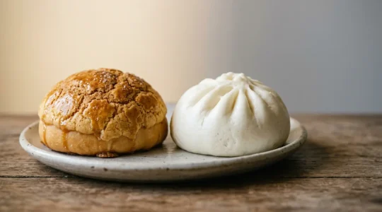 Close-up comparison of Hong Kong style char siu bao showing textural contrast between baked and steamed varieties