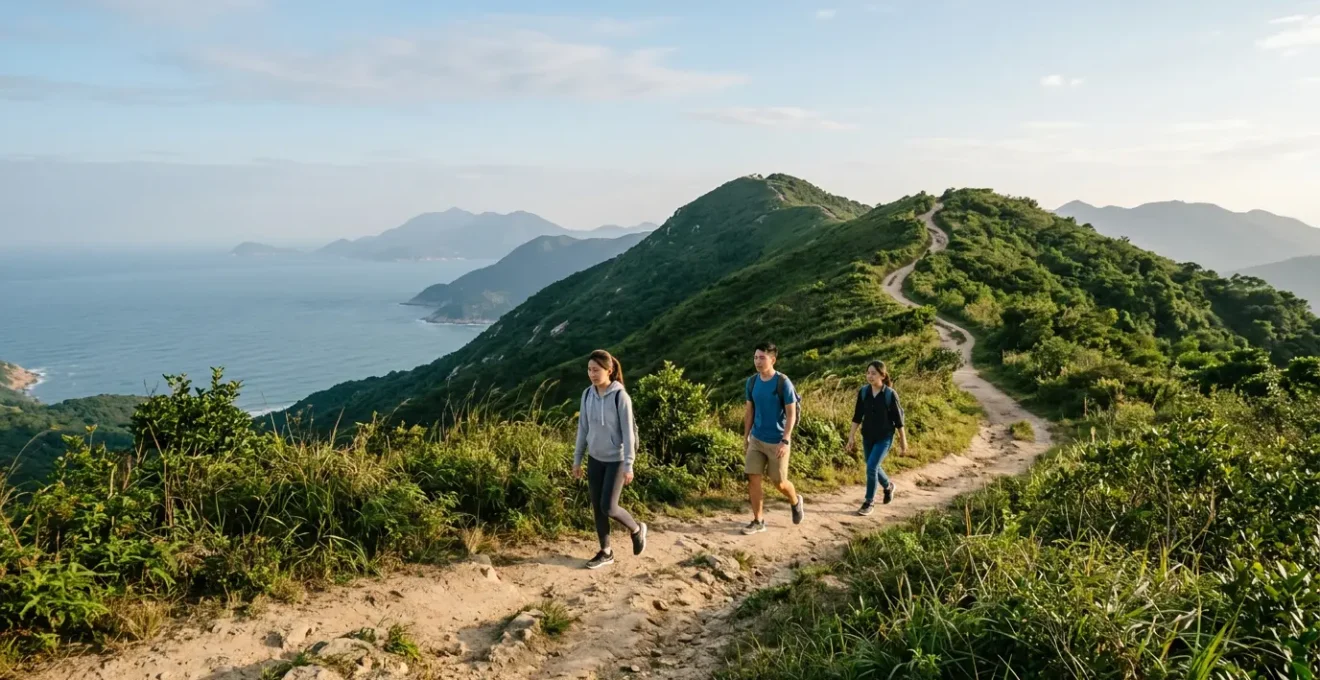 Hikers in casual sneakers walking along Dragon's Back ridge trail with panoramic coastal views and clear blue sky