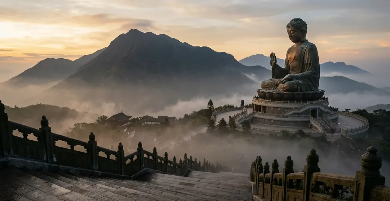 Serene early morning view of Tian Tan Buddha emerging through mist with golden light and empty plaza before crowds arrive