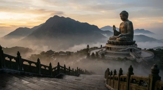 Serene early morning view of Tian Tan Buddha emerging through mist with golden light and empty plaza before crowds arrive