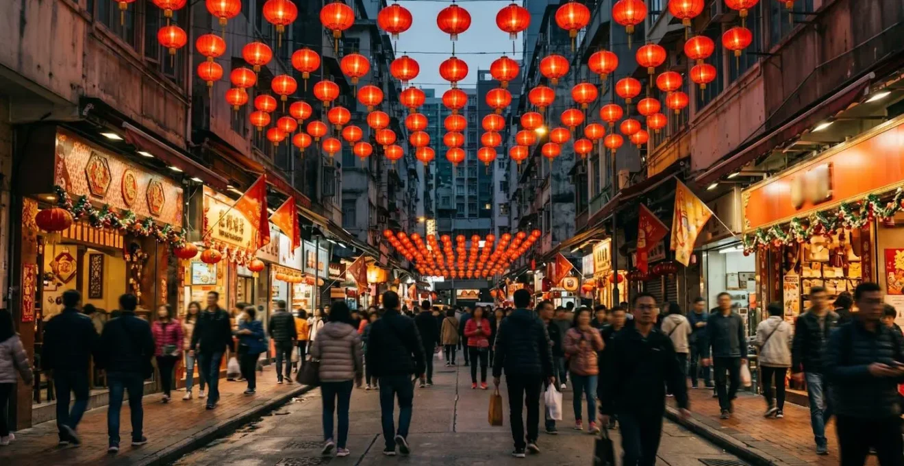 Vibrant Hong Kong street scene during Chinese New Year with red lanterns and festive decorations