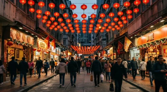 Vibrant Hong Kong street scene during Chinese New Year with red lanterns and festive decorations