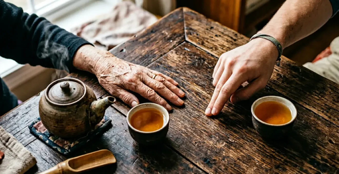 Close-up of fingers performing traditional Chinese tea gesture during tea service