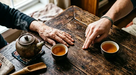 Close-up of fingers performing traditional Chinese tea gesture during tea service