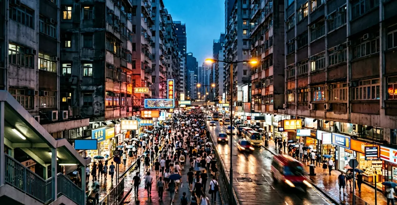 Busy pedestrian street in Mong Kok district with dense crowds and urban energy