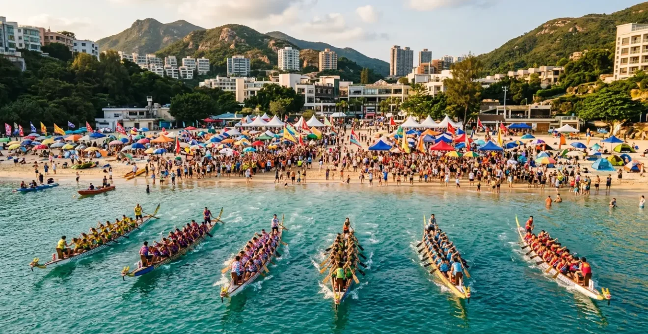 Vibrant crowd atmosphere at Stanley Beach during Dragon Boat Festival with colorful tents and festive energy