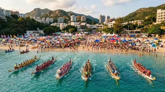 Vibrant crowd atmosphere at Stanley Beach during Dragon Boat Festival with colorful tents and festive energy