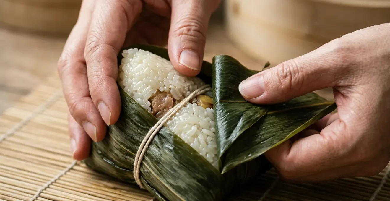 Close-up view of hands gently unwrapping bamboo leaves from sticky rice dumpling over natural surface