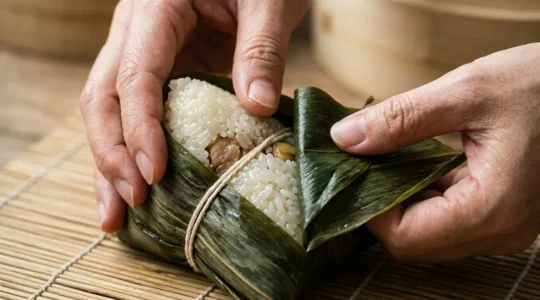 Close-up view of hands gently unwrapping bamboo leaves from sticky rice dumpling over natural surface