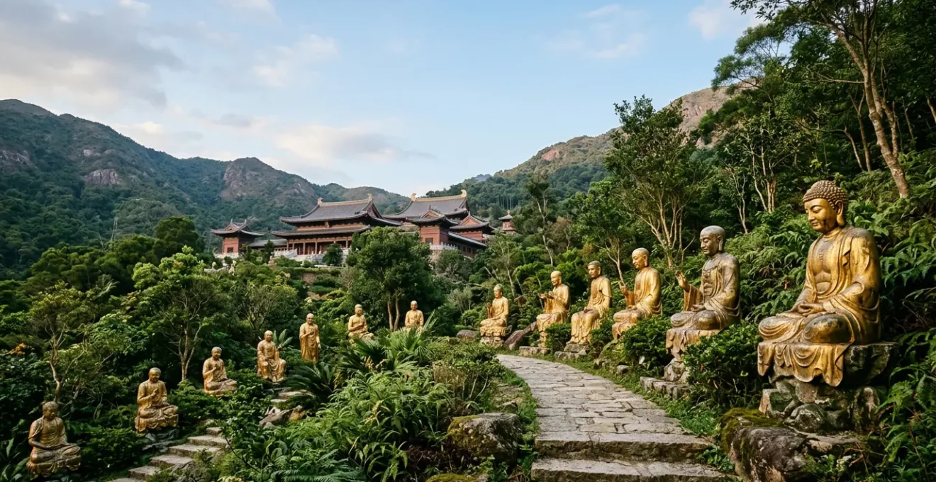 Golden Buddha statues lining a hillside pathway in Hong Kong with lush greenery and traditional temple architecture