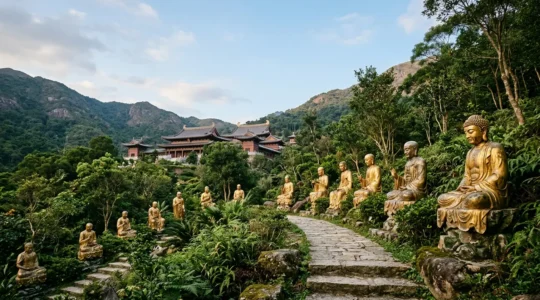 Golden Buddha statues lining a hillside pathway in Hong Kong with lush greenery and traditional temple architecture