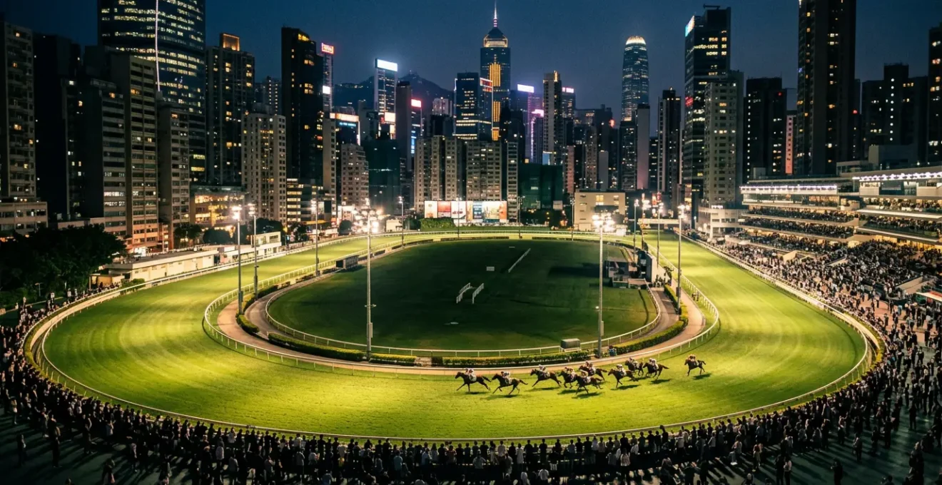 Vibrant Wednesday night horse racing atmosphere at Happy Valley Racecourse surrounded by Hong Kong city skyline