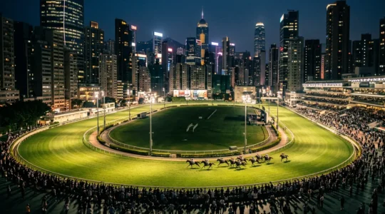 Vibrant Wednesday night horse racing atmosphere at Happy Valley Racecourse surrounded by Hong Kong city skyline