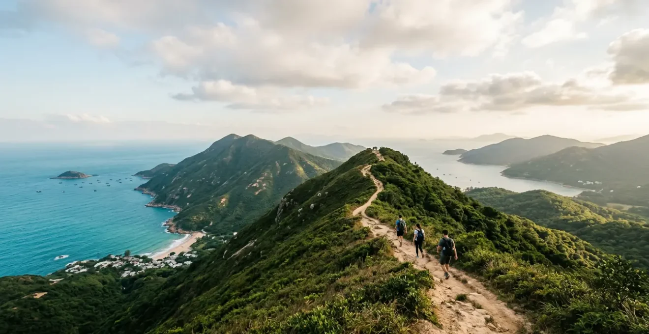 Hikers walking along the scenic Dragon's Back ridge trail with panoramic coastal views in Hong Kong