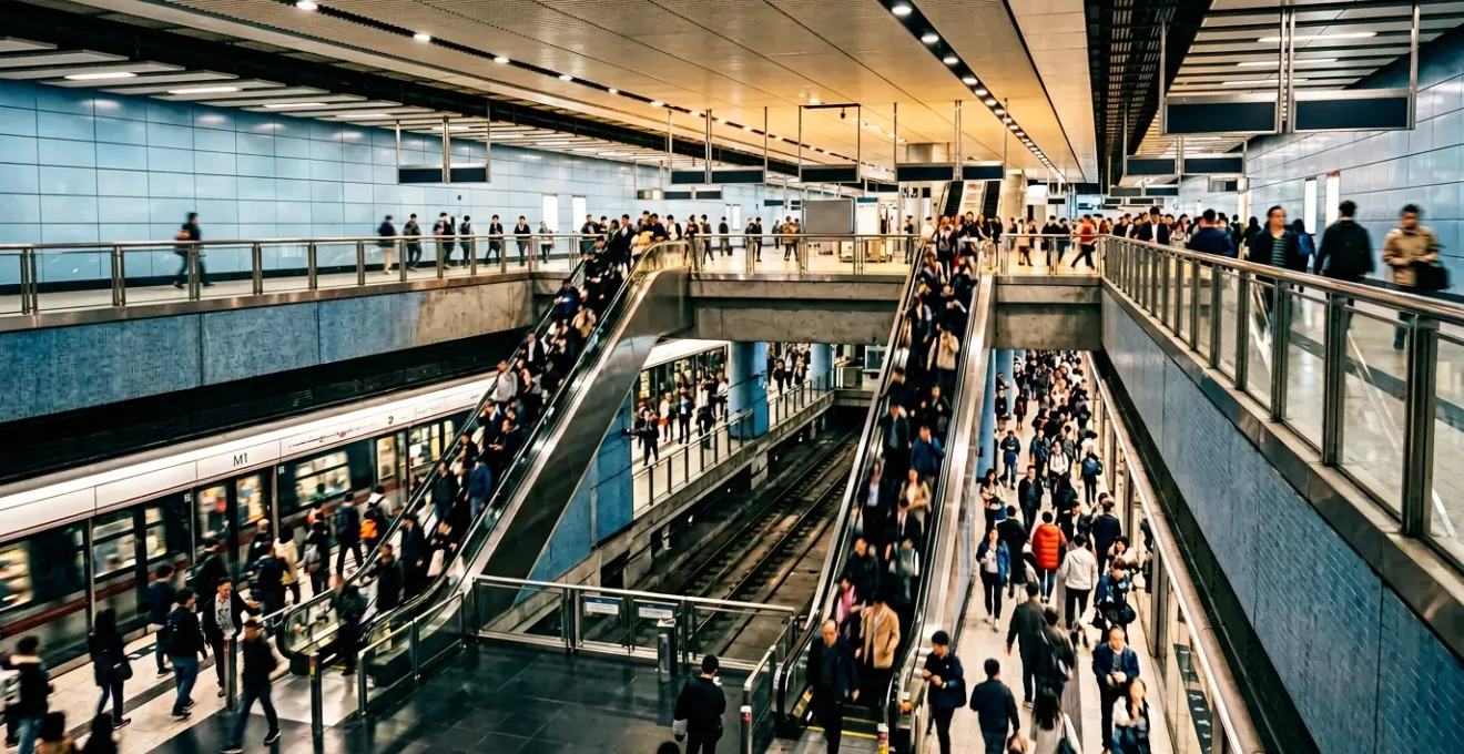 Busy Hong Kong MTR Admiralty station interchange during rush hour with passengers navigating platforms