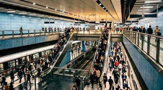 Busy Hong Kong MTR Admiralty station interchange during rush hour with passengers navigating platforms