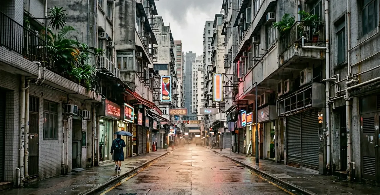 Traveler navigating humid Hong Kong streets in August with cooling strategies