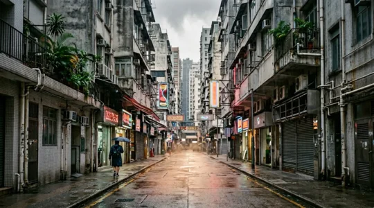 Traveler navigating humid Hong Kong streets in August with cooling strategies