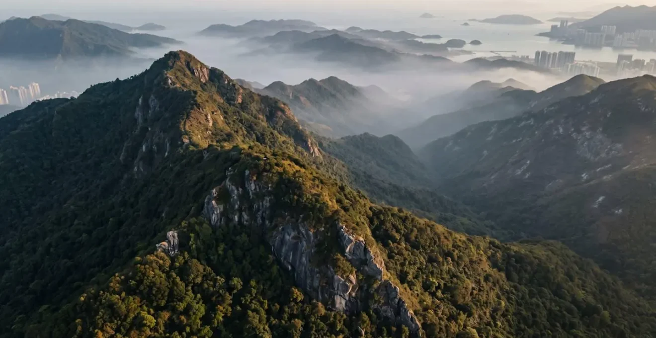 Aerial view of lush green mountain ridges and protected wilderness in Hong Kong Country Parks