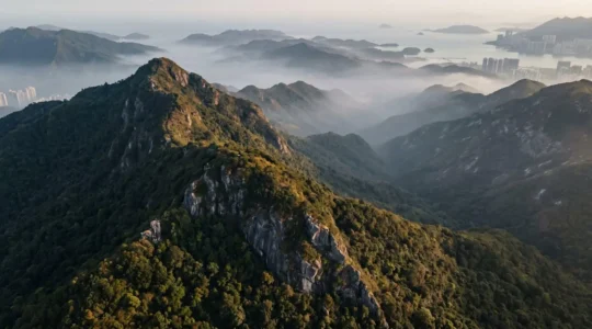 Aerial view of lush green mountain ridges and protected wilderness in Hong Kong Country Parks