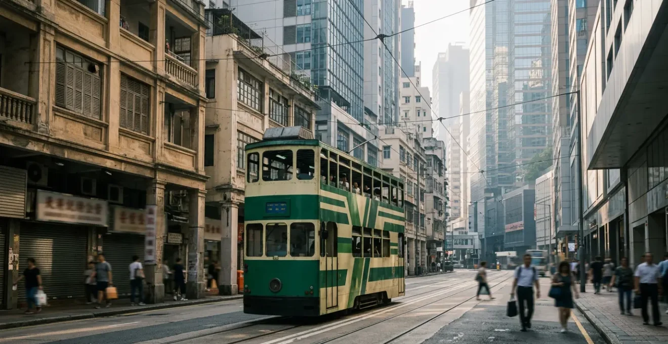 Iconic Hong Kong double-decker tram gliding through bustling urban streets with modern skyscrapers and traditional architecture