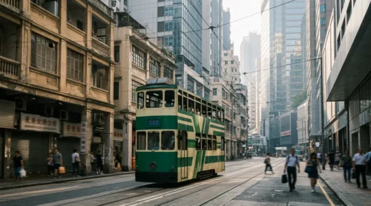 Iconic Hong Kong double-decker tram gliding through bustling urban streets with modern skyscrapers and traditional architecture