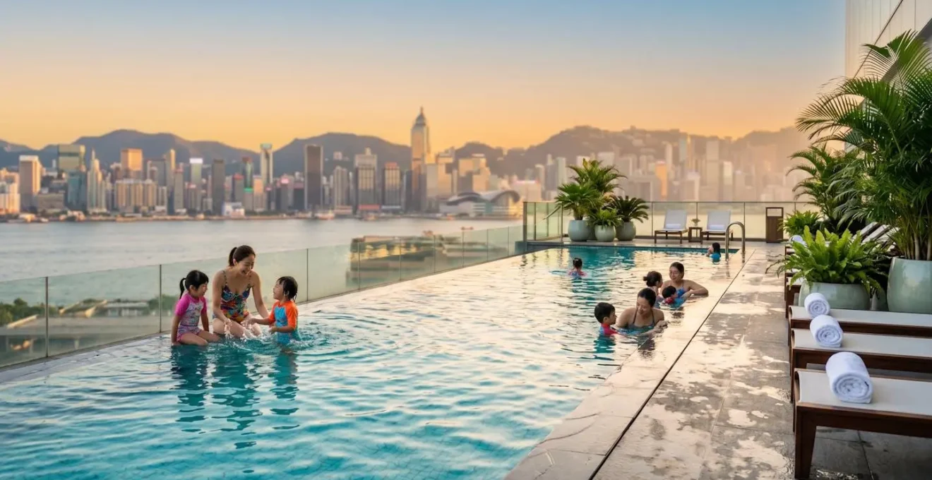 Luxury hotel rooftop pool in Hong Kong with families and children enjoying swimming with Victoria Harbour skyline in background