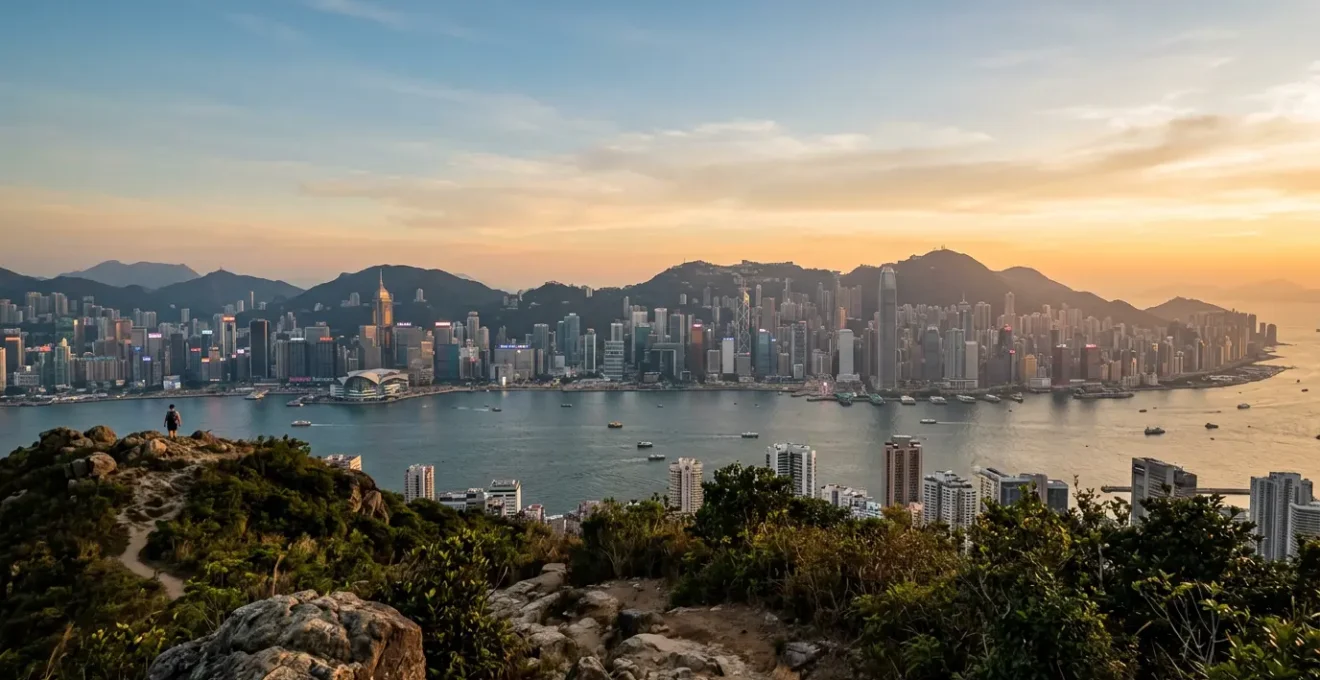 Panoramic view of Hong Kong skyline and Victoria Harbour from elevated vantage point showcasing urban architecture