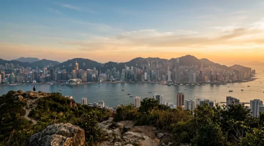 Panoramic view of Hong Kong skyline and Victoria Harbour from elevated vantage point showcasing urban architecture