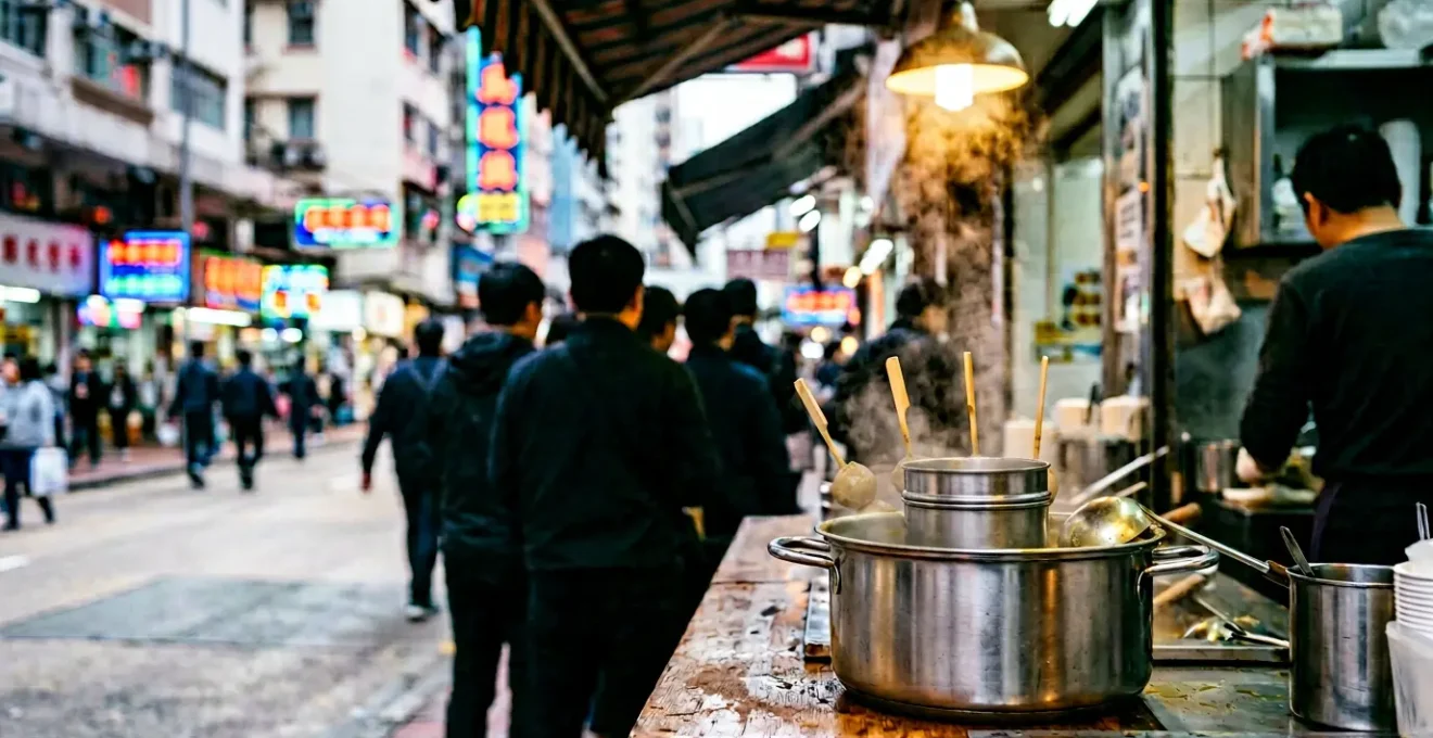 Steaming curry fish balls on bamboo skewers at a Hong Kong street stall with natural steam rising