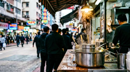 Steaming curry fish balls on bamboo skewers at a Hong Kong street stall with natural steam rising