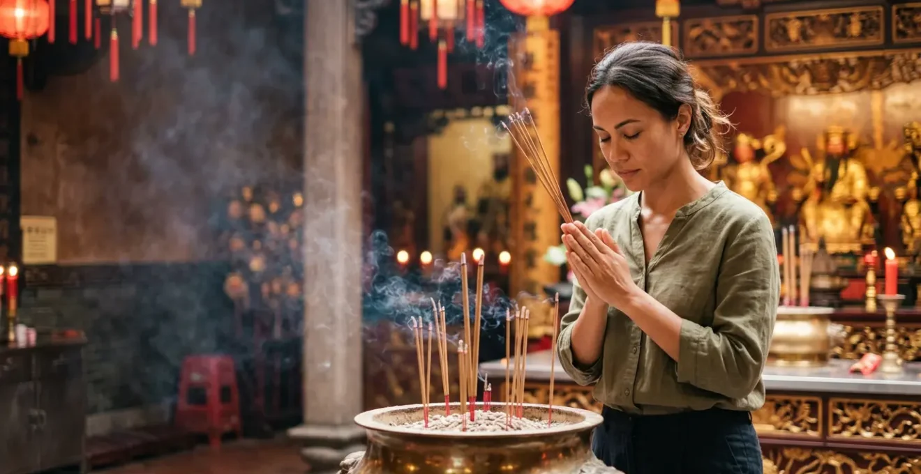 Respectful visitor observing traditional incense ritual at Hong Kong temple surrounded by cultural atmosphere