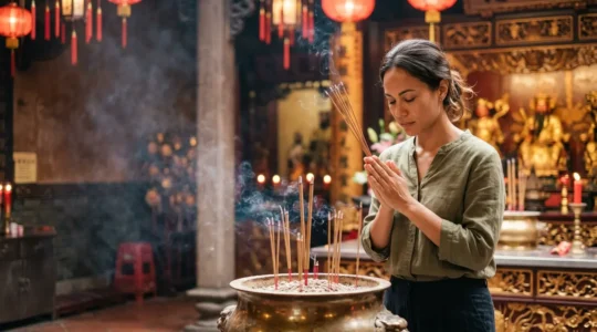 Respectful visitor observing traditional incense ritual at Hong Kong temple surrounded by cultural atmosphere