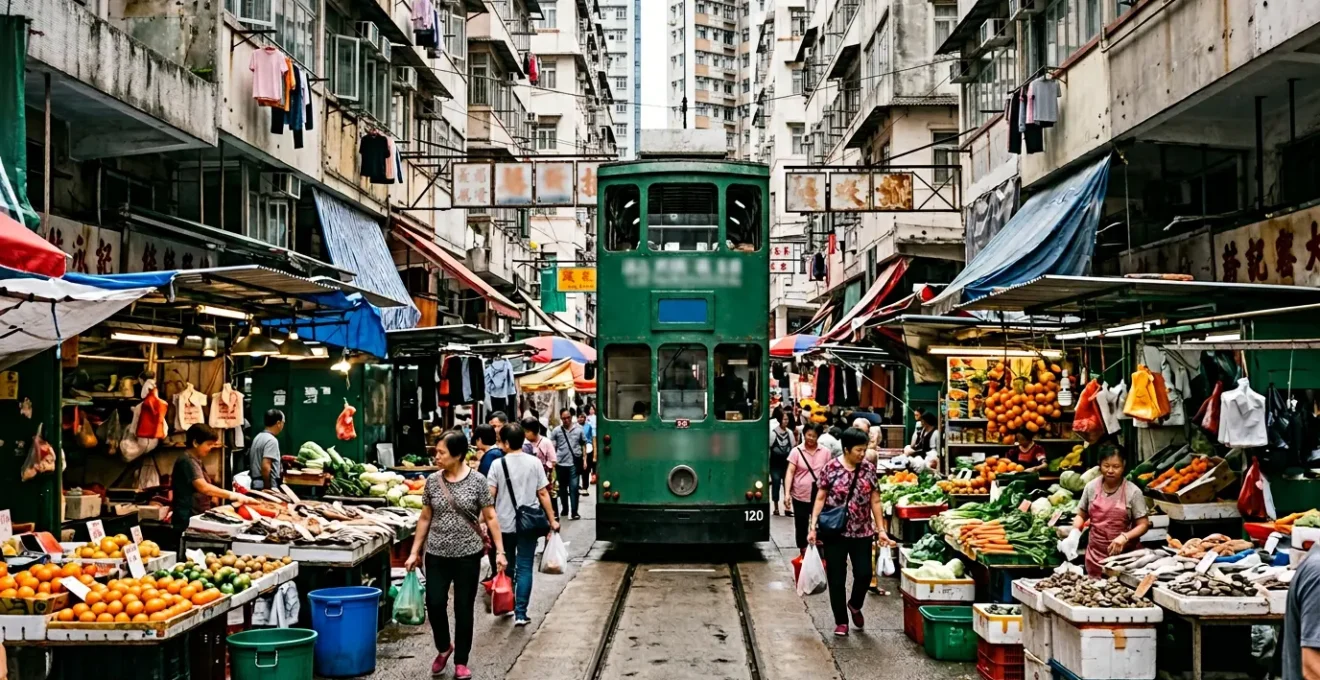 Double-decker Hong Kong tram passing through the vibrant Chun Yeung Street wet market in North Point