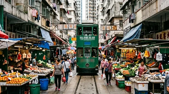 Double-decker Hong Kong tram passing through the vibrant Chun Yeung Street wet market in North Point