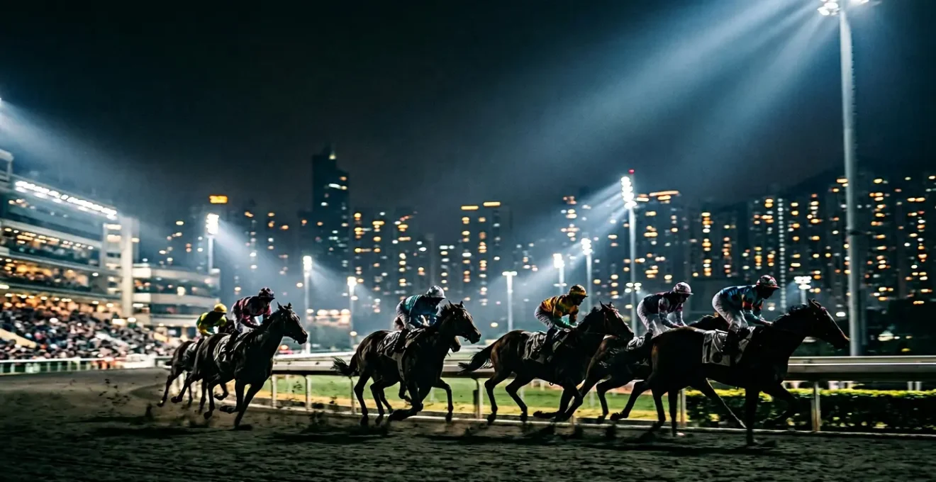 Dynamic night scene of racehorses thundering under powerful stadium floodlights at Happy Valley racecourse with motion blur effect