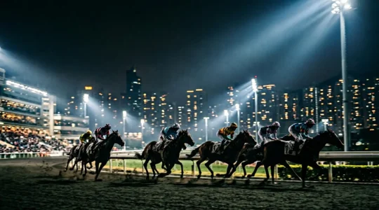 Dynamic night scene of racehorses thundering under powerful stadium floodlights at Happy Valley racecourse with motion blur effect