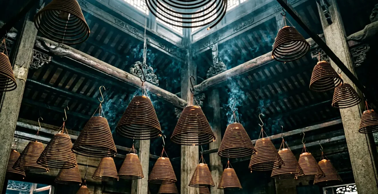 Hanging spiral incense coils glowing in dim temple light with atmospheric smoke rising upward