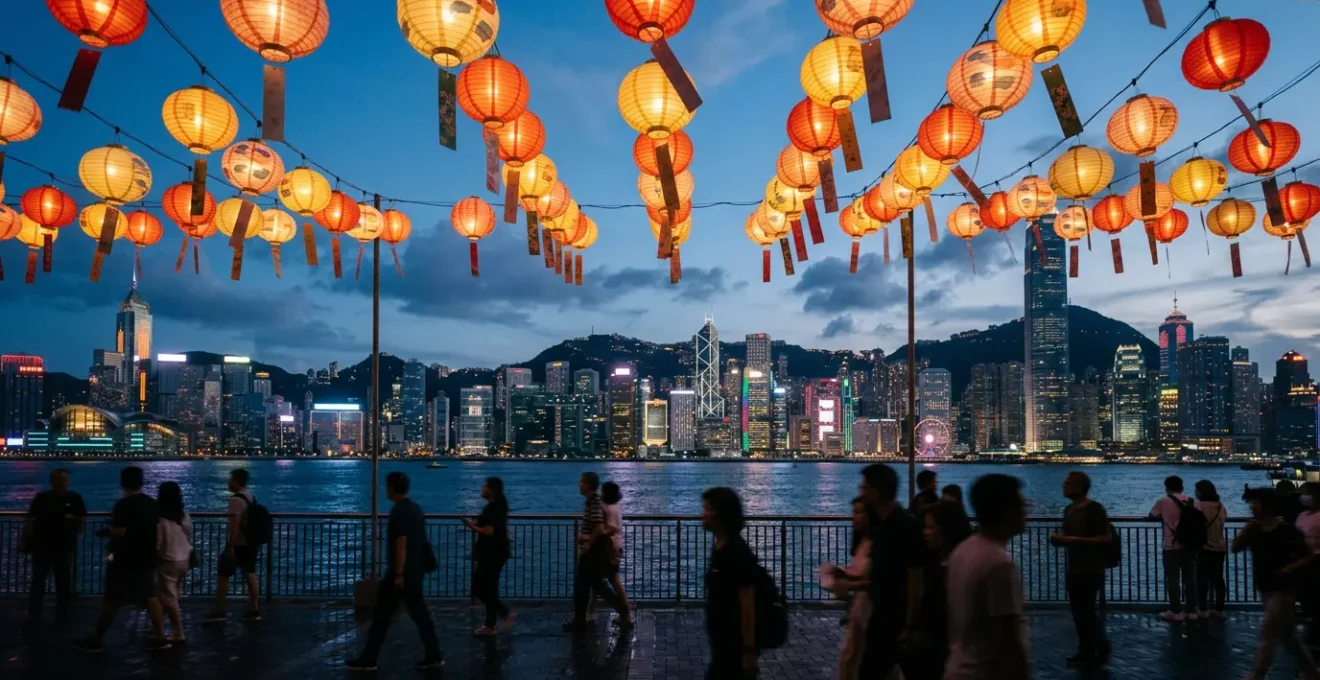 Glowing traditional lanterns illuminating Victoria Harbour waterfront at night during Mid-Autumn Festival in Hong Kong