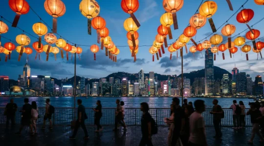 Glowing traditional lanterns illuminating Victoria Harbour waterfront at night during Mid-Autumn Festival in Hong Kong