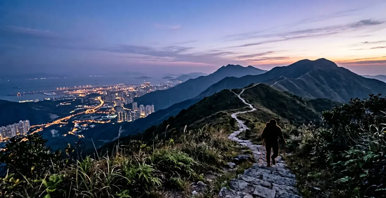 Hiker ascending stone steps toward Lantau Peak summit at pre-dawn hour with city lights visible below