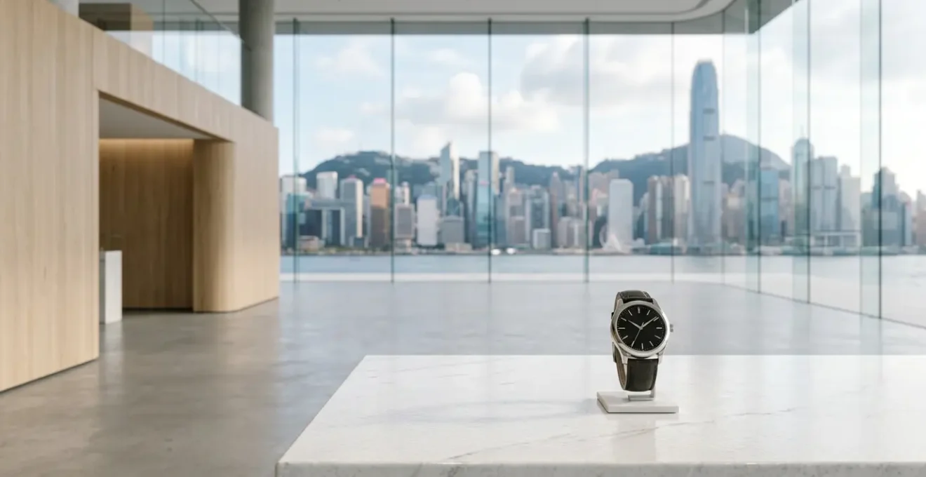 Elegant luxury timepiece displayed in sophisticated Hong Kong boutique setting with natural window lighting