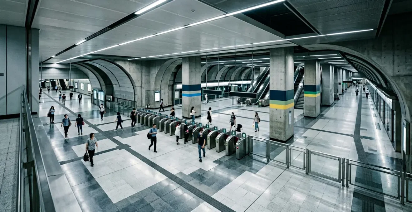 Traveler using smartphone navigation app in Hong Kong MTR station with directional signage