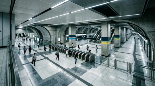 Traveler using smartphone navigation app in Hong Kong MTR station with directional signage