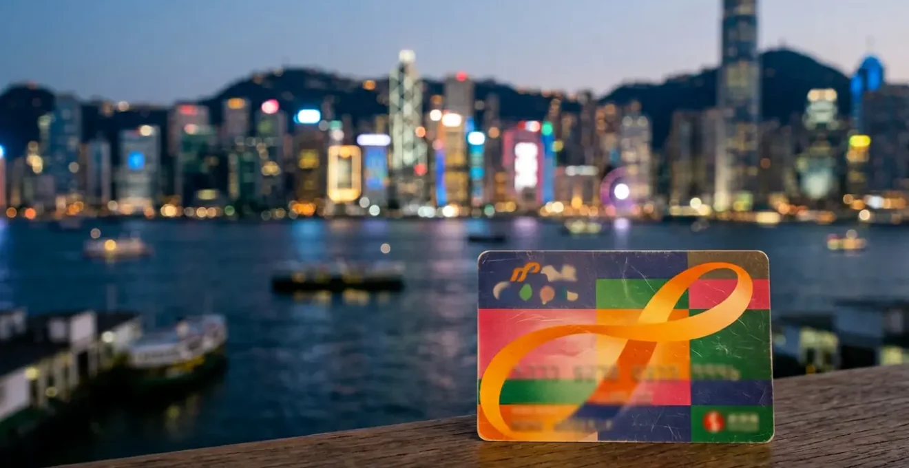 Close-up view of Hong Kong Octopus card against blurred iconic cityscape background